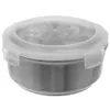 A stainless steel food container with a clear plastic lid. Podgląd zdjęcia produktu