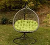 A hanging egg chair with a green cushion sits on a grassy lawn in front of trees with autumn foliage. Voir les images du produit