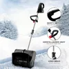 A snow blower is shown in a snowy outdoor environment with close-up insets highlighting its features. Produktbild-Vorschau