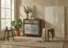 A room corner with a cabinet, plant, and stool. Podgląd zdjęcia produktu