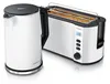 A white electric kettle and a silver toaster are shown side-by-side on a white background. Produktbild-Vorschau