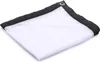 A folded white projection screen with a black border and grommets. Produktbild-Vorschau