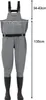 A pair of gray waders with black boots and straps, shown front-on with measurement indicators. Produktbild-Vorschau