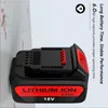 A black and red lithium-ion battery pack with text overlays describing its features. Produktbild-Vorschau