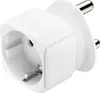 A white electrical adapter with two pins on one side and a socket on the other. Voir les images du produit
