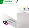 A stack of paper with a colorful chart on top, and labels indicating page yields for different ink cartridges. Produktbild-Vorschau