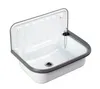 A white sink with a gray rim and a chain for the drain stopper, isolated on a white background. Produktbild-Vorschau