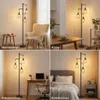 A collage of four images showing a floor lamp in different room settings: a living room, a dining room, an office, and a bedroom. Produktbild-Vorschau