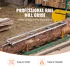 A chainsaw mill guide system is set up on a large log, with text overlays highlighting its features and benefits. Náhled obrázku produktu