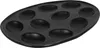 A black oval-shaped egg plate with 10 indentations for holding half-boiled eggs. Produktbild-Vorschau