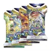 A group of four Pokemon Sword & Shield Brilliant Stars booster packs arranged in a staggered diagonal line. Produktbild-Vorschau