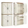 Two views of a white and brown cabinet against a white background. One view shows the cabinet closed, and the other shows it open, revealing shelves and drawers. Produktbild-Vorschau
