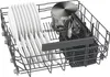 A dishwasher rack filled with plates, cutlery, and a pot. Produktbild-Vorschau