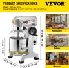 A VEVOR kitchen mixer with product specifications and lifestyle images of restaurants, bakeries, and pizzerias. Produktbild-Vorschau