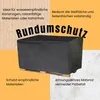 A black protective cover for a pallet is shown on a wooden pallet, with text overlays describing its features. Produktbild-Vorschau