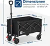 A diagram showing the dimensions of a black foldable wagon. Produktbild-Vorschau