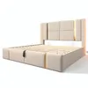 A beige upholstered bed frame with a slatted base, shown from a diagonal angle against a white background. The bed has integrated LED lighting along the headboard and frame. Anteprima dell’immagine prodotto