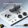 A collection of plumbing parts and instructions laid out on a marble-like surface, with text overlay. Produktbild-Vorschau