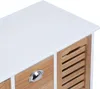 Close-up view of the top corner of a white and wood cabinet with slatted doors and a drawer. Produktbild-Vorschau