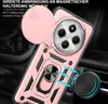 A rose gold phone case with a camera cover, ring holder, and magnetic attachment feature is shown, with blue arrows indicating magnetic attraction to a car vent mount. Produktbild-Vorschau