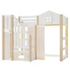 A white and natural wood loft bed with stairs and a house-like structure on top. Voir les images du produit