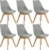 Six gray dining chairs with wooden legs arranged in two rows of three. Náhled obrázku produktu
