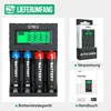 A collage of images showing a battery charger, its packaging, and the user manual. Produktbild-Vorschau