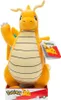 A plush toy of the Pokemon character Dragonite is displayed on a white background, with its packaging visible at the bottom. Produktbild-Vorschau