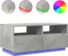 A concrete gray TV stand with LED lighting at the bottom, shown with inset images demonstrating different LED color options. Náhled obrázku produktu