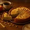 Apfelkuchen mit Pistazien Topping auf Holzteller mit Kaffee und ganzen Pistazien daneben Produktbild-Vorschau