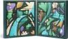 An open advent calendar with 24 numbered doors, decorated with a festive abstract pattern. Produktbild-Vorschau