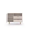 A modern, light beige sideboard with two drawers and an open cabinet section, set against a white background. Produktbild-Vorschau