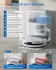 A robotic vacuum cleaner and its charging station are shown with feature callouts and text descriptions. Produktbild-Vorschau