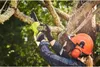 A person is using a cordless chainsaw to cut a tree branch outdoors. Produktbild-Vorschau