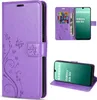 A collage of images showing a purple flip case for a Samsung Galaxy A17 5G phone, with one image showing the case open with cards and money inside, and another showing the phone inside the case. Produktbild-Vorschau
