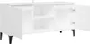 A white TV cabinet with its doors open, showing the interior shelves and black metal legs. Produktbild-Vorschau