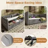 A collage of images showing a gray upholstered bed with storage compartments, and close-ups of its features. Voir les images du produit