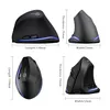 Four views of a black vertical ergonomic mouse with dimensions indicated. Produktbild-Vorschau