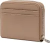 A close-up, front-facing view of a taupe coin wallet with a zipper closure and card slots. Voir les images du produit
