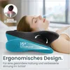 A woman is sleeping on a pillow, with graphics illustrating the pillow's benefits. Produktbild-Vorschau