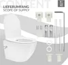A white wall-mounted toilet with its accessories laid out next to it, against a light gray and white background. Produktbild-Vorschau