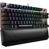 A close-up, angled view of a black and gray mechanical gaming keyboard with RGB backlighting and a black wrist rest. Produktbild-Vorschau