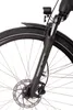Close-up of the front fork, wheel, and disc brake of a bicycle. Produktbild-Vorschau