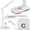 A collage of images showing a white LED desk lamp from different angles, including a close-up of its base with RGB lighting and a USB-C cable. Produktbild-Vorschau