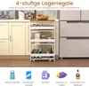 A white 4-tier rolling storage cart filled with various kitchen items like spices, jars, and bottles, placed in a kitchen setting next to cabinets and a refrigerator. Below the cart are icons representing different types of items that can be stored. Podgląd zdjęcia produktu