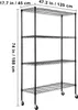 A black metal wire shelving unit with four shelves, shown against a white background with dimensions indicated by text overlays. Produktbild-Vorschau