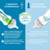 A split image showing two Dr. Brown's baby bottles, one with the anti-colic system and one without, with text explaining the benefits of the anti-colic system. Produktbild-Vorschau