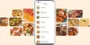 A collage of food images surrounding a smartphone displaying a recipe app. Podgląd zdjęcia produktu