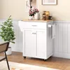 A white kitchen cart with a wooden top is shown in a room with wainscoting and a plant. Podgląd zdjęcia produktu