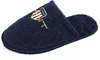 A close-up studio shot of a blue slipper with a crest logo. Produktbild-Vorschau